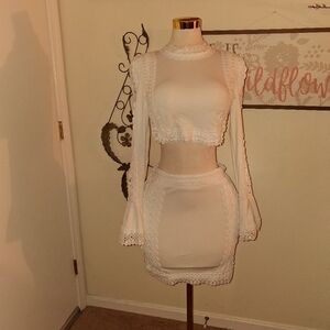Elegant White Lace Trim Skirt Set